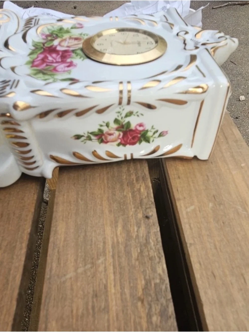 Vintage Porcelain Rose Mantel Clock | Gold Gilt | Quartz Shelf Clock